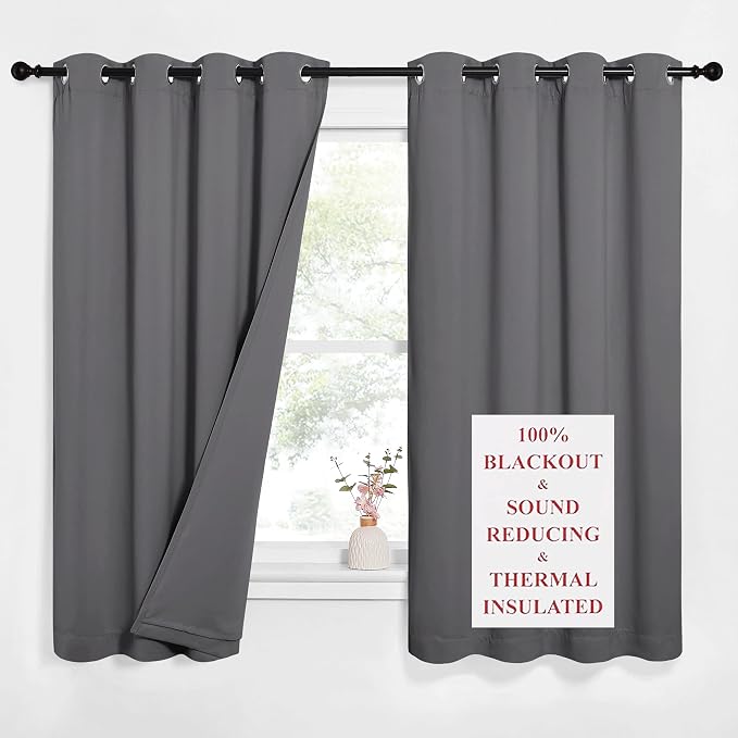 NICETOWN Noise Reduction Blackout Curtains, Thermal Insulated Full Blackout 3-Layer Lined Drapes, Energy Efficiency Window Draperies for Bedroom (Grey, 2 Panels, 52-inch W by 63-inch L)