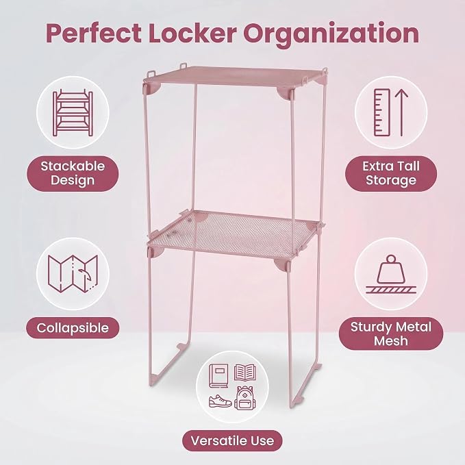 Neudeco Pack 2, Mesh Locker Shelf, Stackable Extra Tall Locker Organizer, Collapsible and Metal Build, Fits Standard Size School Locker, Suitable for Work, Kitchen, Bathroom (Pink)
