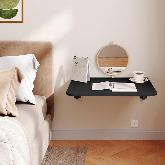 HOOBRO Folding Table, Wall Mounted Floating Desk with Iron Bracket, Drop Leaf Table for Small Spaces, Kitchen, Laundry Room, Home, Office, Black BK054BZ01