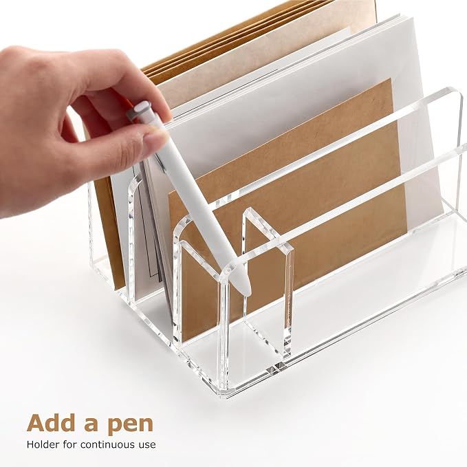 SANRUI Acrylic Mail Sorter Desktop Organizer with Pen Holder, 3 Compartments Clear Small File Script Letter Document Storage for Desk Bill Filling Envelope Holder Office, Home, School Organization