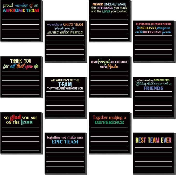 Yinder 24 Pcs Inspirational Sticky Notes Thank You Gift Motivational Sticky Note Pad Employee Appreciation Gift Bulk for Staff Coworker Teacher Nurse Office Groups 3 x 3'' (Team,Black)
