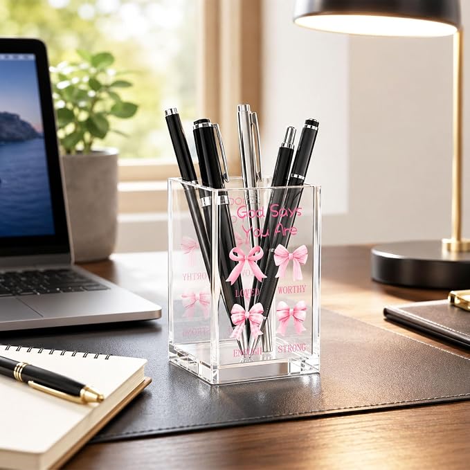 Pink Bow Acrylic Pen Holder Cup, Coquette Christian Desk Decor, Inspirational Bible Verse Pencil Holder, Cute Office Desk Organizer, Gift for Women Girls