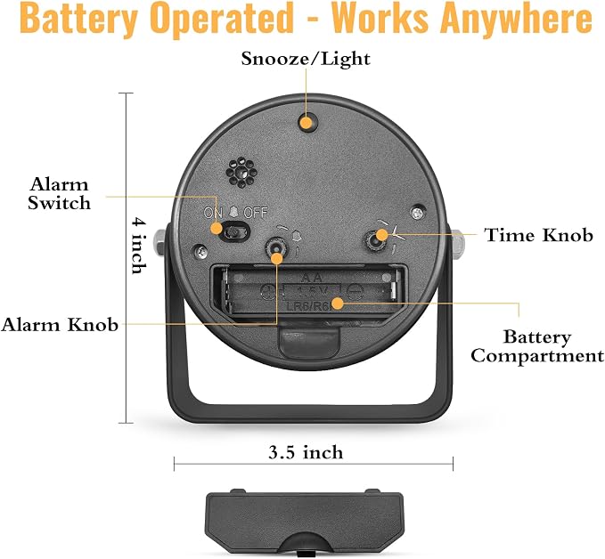 Lamisola 3.5 Inch Small Desk Battery Clock, Black Alarm Clock for Bedroom | Travel Clock for Bathroom Table Shelf Bedside, Cute Metal Vintage Silent Night Light Snooze for Kids Seniors