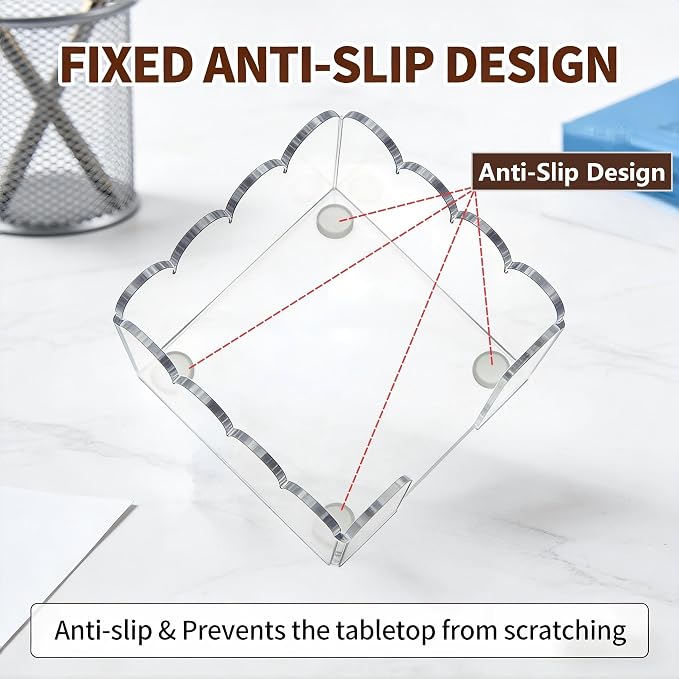 3x3 Inch Scalloped Acrylic Sticky Note Holder, Clear Cute Post It Note Dispenser, Notepad Holder with Wave Design, Thick Acrylic Desk Organizer for Office, Home, Dorm, Classroom