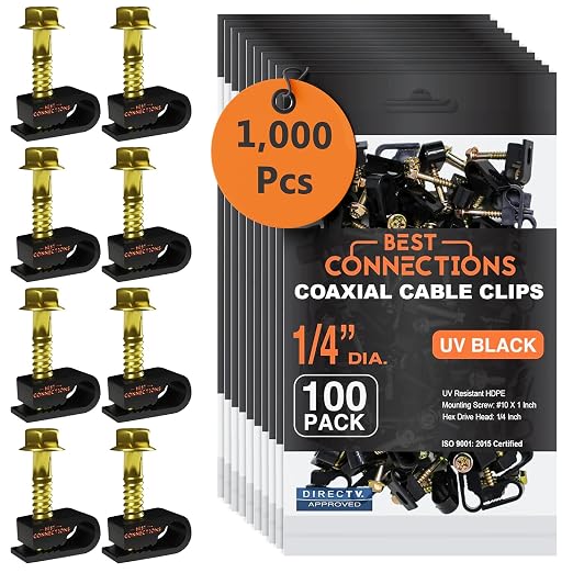 Coaxial Cable Clips with Pre-Inserted Screw (1,000 Pack) – Black Single Cable Mounting Clamps for Coax Cable (RG6, RG59) and Ethernet Cable – Cord Fastener/Strain Relief Clip
