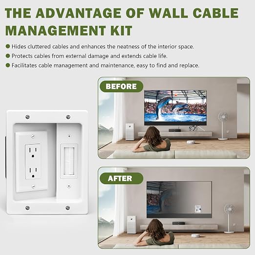 Wall Cable Concealer Management Box Recessed Outlet Wall Mount Behind TV | Cable Management Recessed Outlet Kit in Wall TV Connection Kit Hides Power Cables & Low Voltage Wires Fits All Plugs