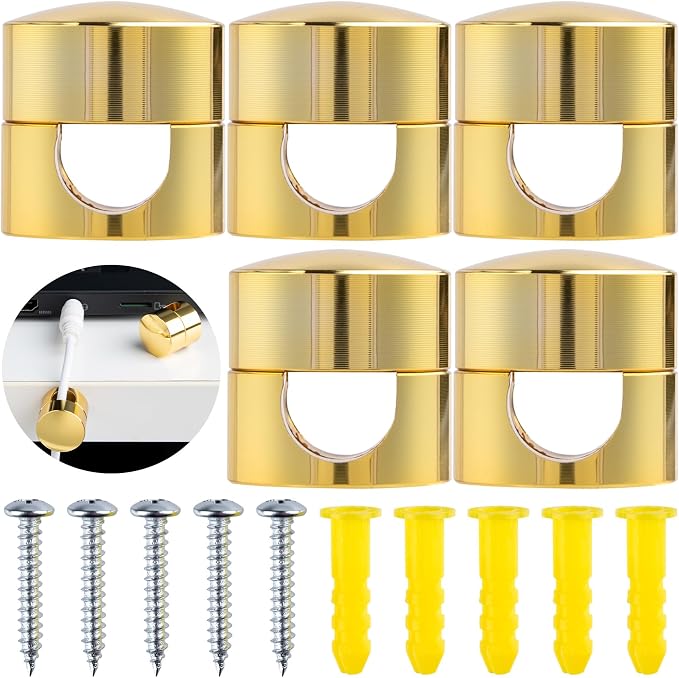 SmallCat 5 Sets Charger Holders for Cords, Gold Adjustable Cable Anchor Holders, Adhesive Metal Cord Clips, Cable Management Wire Organizers for Desk, Office, Nightstand