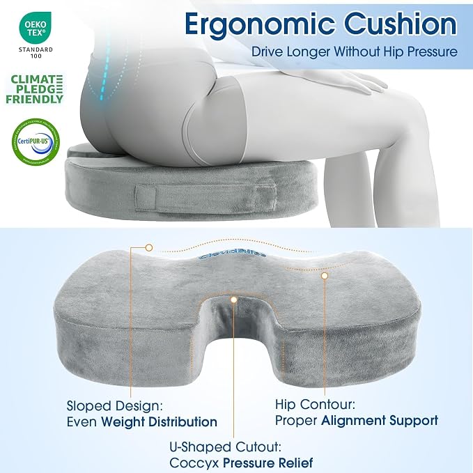 CloudBliss Lumbar Support Pillow & Seat Cushion Set for Office Chair, Desk Chair, Wheelchair & Car – Memory Foam Back Support, Ergonomic Chair Cushions, Sciatica Pain Relief,Home Essentials,Light Grey