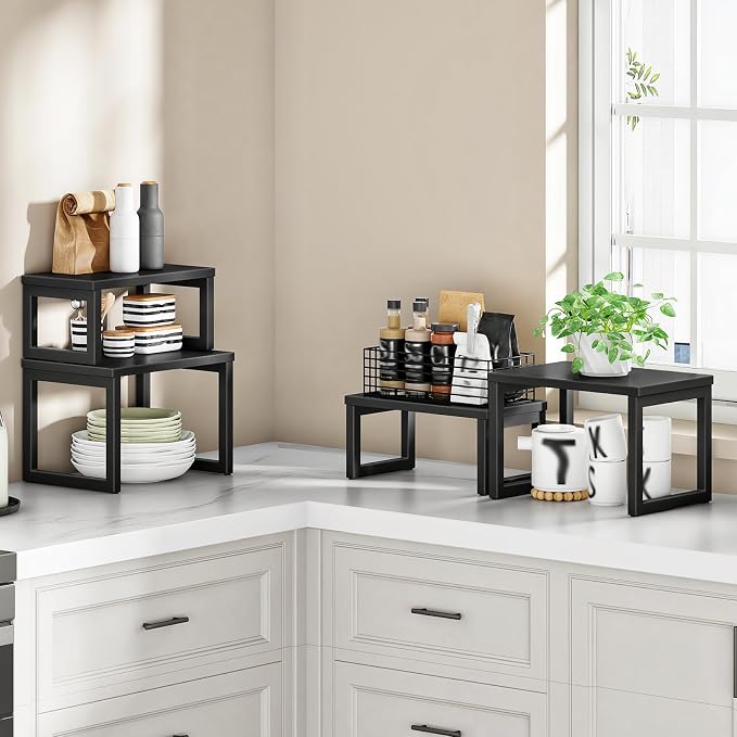 HOOBRO Cabinet Organizer Shelf, Set of 4 Kitchen Counter Shelves, Expandable Kitchen Storage, Stackable Spice Rack, for Kitchen, Countertop, Office Desk, Living Room, Black BK20TLP201