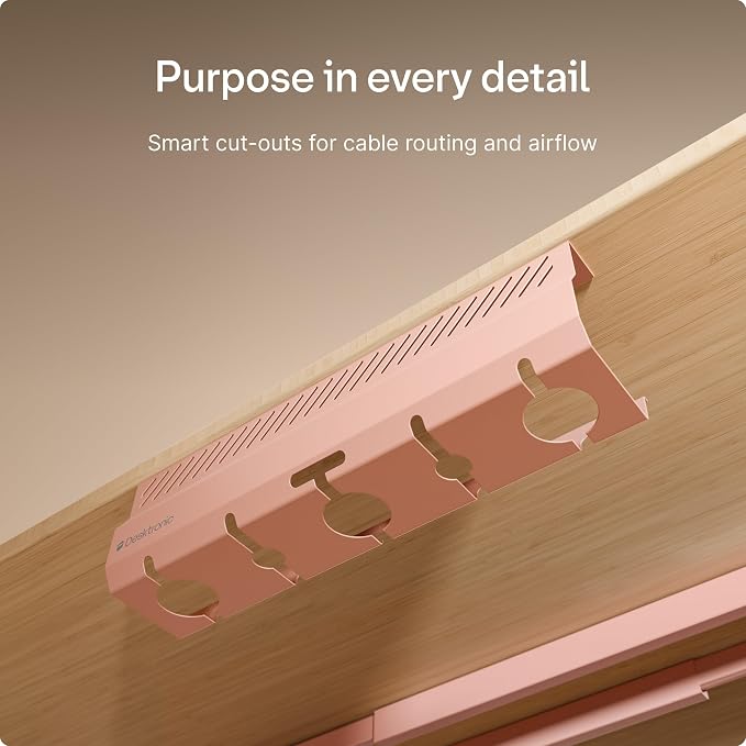 Desktronic Cable Duct Desk Pink Set of 2 - Stainless Steel Cable Management Desk Cable Duct with 5 Cable Cut-Outs - Easy to Install Cable Organiser - Cable Holder