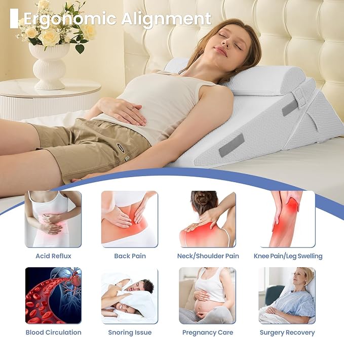 Sasttie Adjustable Wedge Pillow Set for After Surgery, White | Bed Wedge Pillow Headboard with Memory Foam Neck Cushion, for Acid Reflux, Sleeping, Neck & Back Support