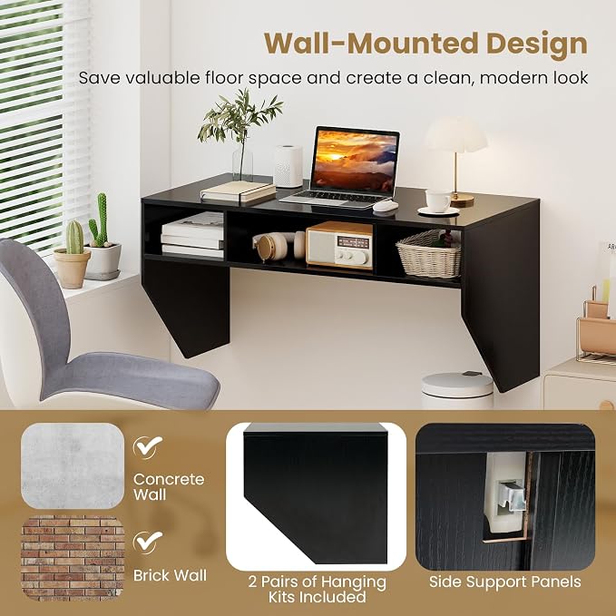 Giantex Wall-Mounted Computer Desk, Floating Laptop Desk with 3 Storage Compartments, Space-Saving Home Office Workstation Vanity Table for Bedroom, Study, Living Room (Black)