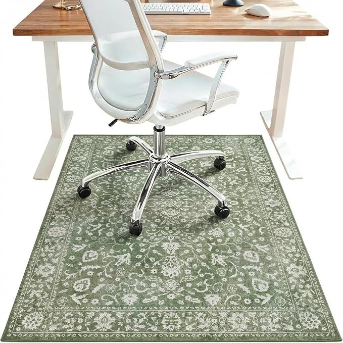 36"x48" Office Chair Mat for Hardwood Tile Floor, Under Desk Carpet Protector for Rolling Computer Chair Mat, Machine Washable Area Rug, Anti-Slip 1/5" Thick Low Pile Thin Vinyl Floor Mat, Sage