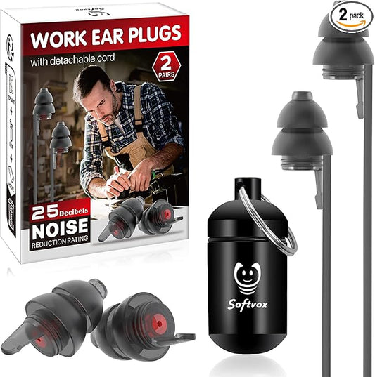 Corded Ear Plugs for Work 2 Pairs, 100x Reusable Ultra-Comfy Earplugs with Detachable String, Hearing Protection for Shooting Range Construction Mowing Focus Safety, 25 dB Noise Reduction