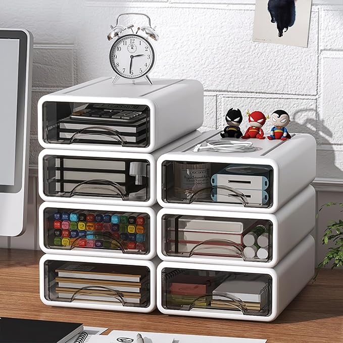 Desk Organizer with Drawers, Stackable Storage Drawers with Compartments Desktop Organization for Office Supplies, Makeup, Pencils, Tape, Erasers, Paperclips, Chargers (White 2S2M)