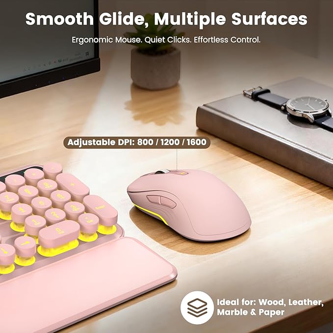 Wireless Keyboard and Mouse Combo, Round Backlit Keycaps, Retro Typewriter Keyboard with Detachable Wrist Rest, Rechargeable & Tilt Legs, 2.4GHz Cordless Connection for Windows/PC (Glowing Pink)