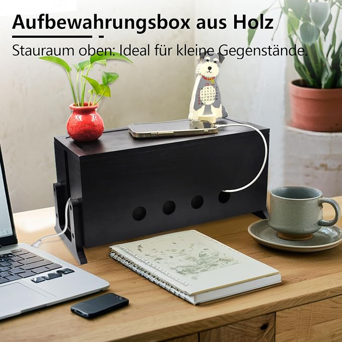 Large Wood Cable Management Box, Black Cord Organizer 14.2" | Hides power strips & TV wires, 14.2x6x6.3 inches,Ideal for home & office organization