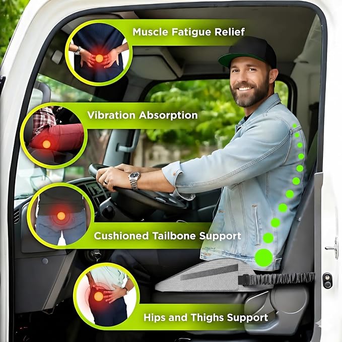 XLarge Truck Seat Cushion for Truck Driver Seat Cushion - CertiPUR-US® Certified Upgraded Back Support, Thick Memory Foam, Pain Relief for Hours of Driving, Trucker Approved Semi - Gray