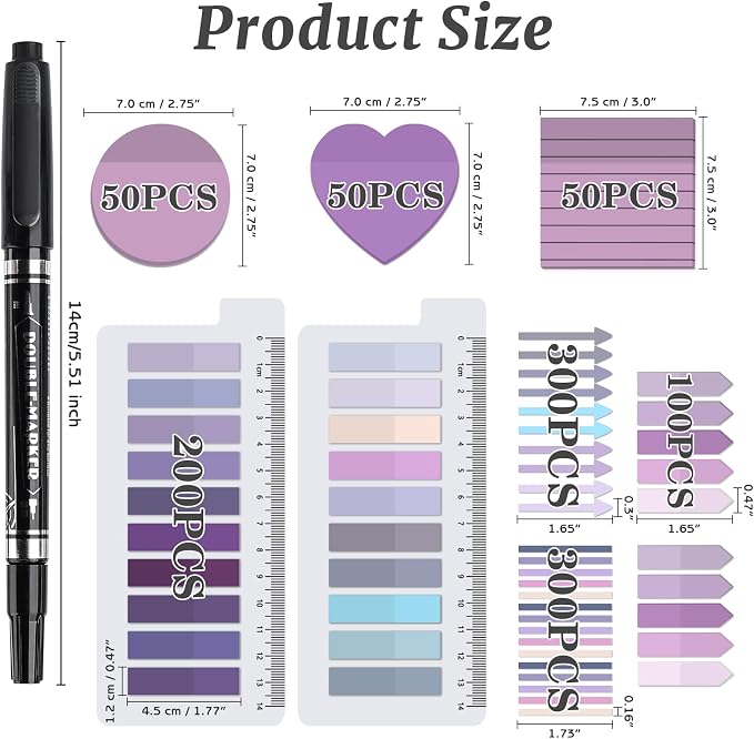 1450 Sheets Transparent Sticky Notes, 3 x 3 inch Aesthetic Clear Lined Sticky Notes with Pen, Gradient Color Waterproof Self-Adhesive Annotation Tabs for Bible Journaling (Purple)
