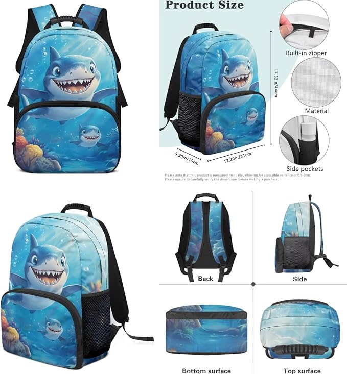 ZFRXIGN Cute Shark Backpack for Boys 4-6 6-8 Bookbag with Cute Pendant 17inch Kindergarten School Girls Bag and Insulated Lunch Box Portable Pencil Case Ocean