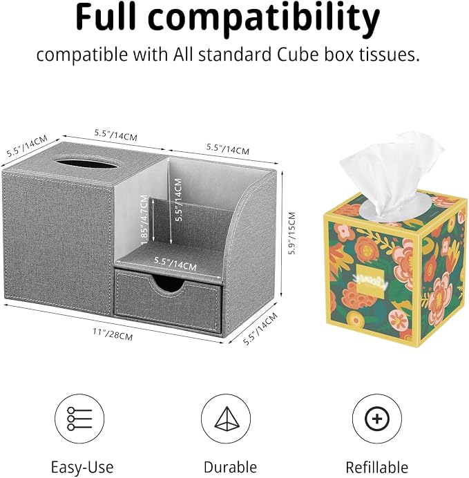 Nightstand Organizer with Tissue Holder,PU Leather Square Tissue Box Cover | Modern Facial Paper Organizer Storage Box for TV Remote Control,Bathroom,Vanity Countertop,End Table,Home and Office Decor