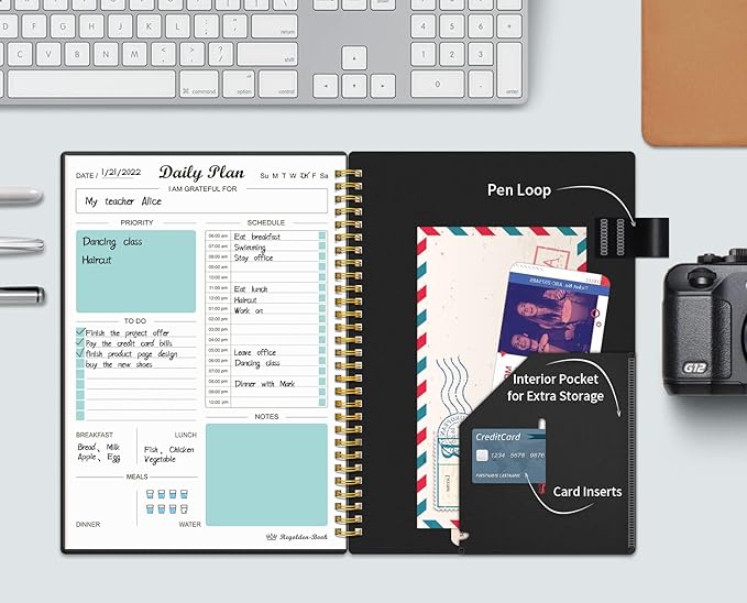 Daily Planner Undated, To Do List Notebook with Hourly Schedule Regolden-Book Calendars Meal, Spiral Appointment Organizers Notebook for Man/Women, Pocket,Pen Loop, 160 Pages (7x10")