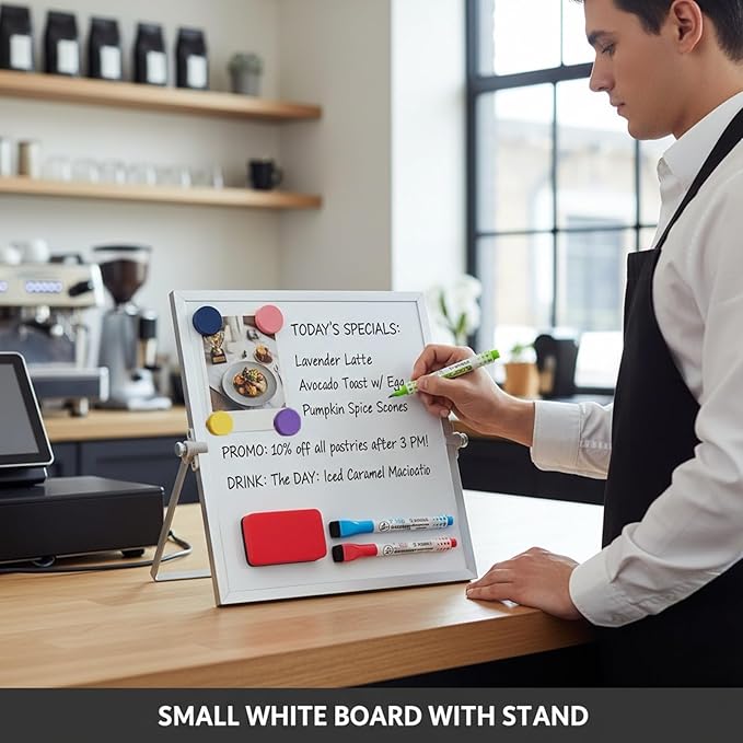 MXG Double Sided Magnetic Dry Erase Board, 10x10 Inch Portable Small White Board with Stand, 360 Rotatable & Adjustable, Includes Markers, Eraser & Magnets, for Office, Home, Desk