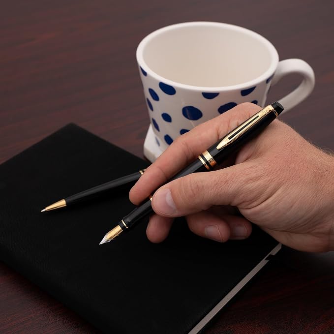 Waterman Expert Engraved Fountain and Ballpoint Pen Set, Black Lacquer with 23K Gold Trim, Mysterious Blue and Black Ink, Gift for Retirement, Board Members, Senior Partners, Career Advancement