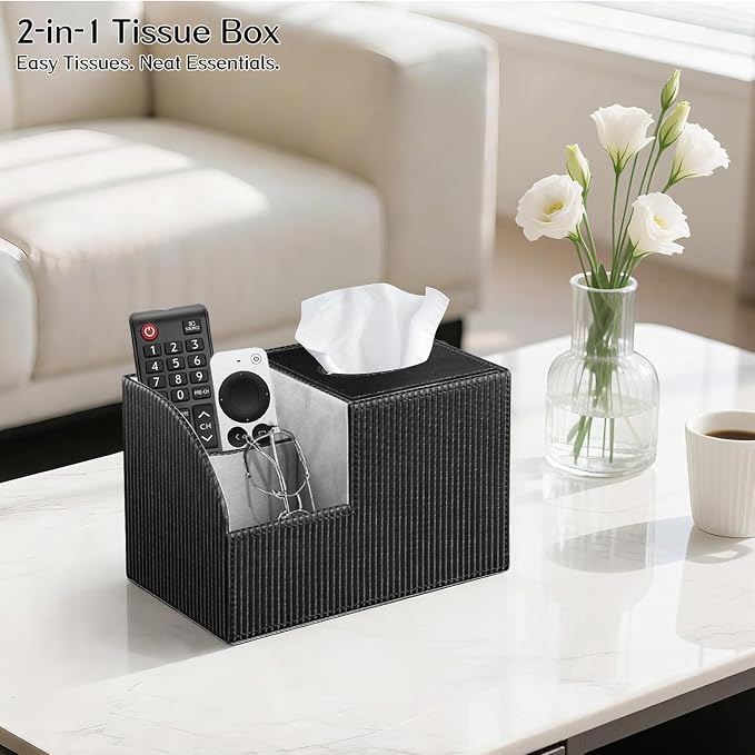 Square Tissue Box Cover with Storage, PU Leather Facial Cube Tissue Holder | Multifunction Remote Control Holder, Nightstand Organizer, Modern Desk Caddy for End Table Bathroom, Home, Office Decor