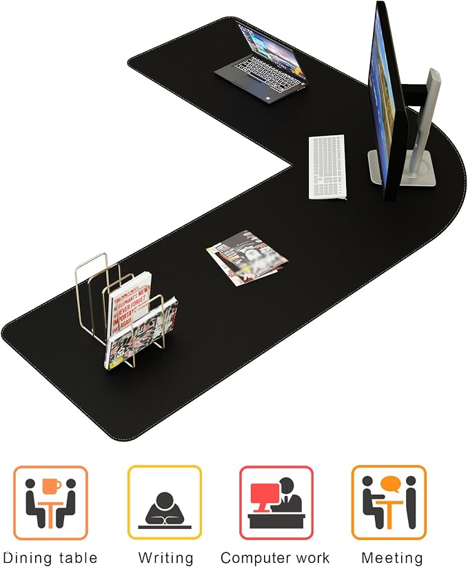 Chihein Leather Desk Mat L Shaped 61” x 72.8” x 23.6” - Big Gaming Corner Desk Pad, Non-Slip Waterproof Surface, Easy to Clean, Perfect for Office, Home (Black)