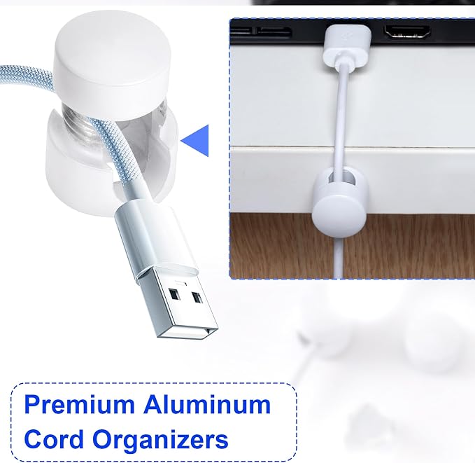 SmallCat 3 Sets Charger Holders for Cords, White Adjustable Cable Anchor Holders, Adhesive Metal Cord Clips, Cable Management Wire Organizers for Desk, Office, Nightstand