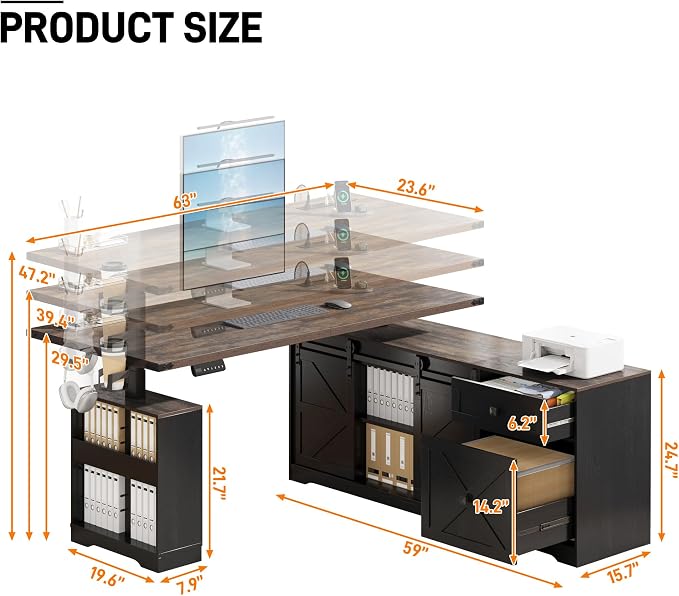 St.Mandyu L Shaped Electric Standing Desk 63" Black with Power & Storage | File drawer, sliding door cabinet, cup holder, height adjustable, sturdy wood frame, home office for work/study/writing