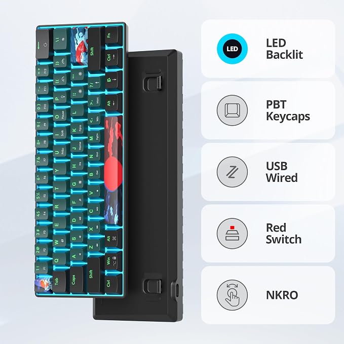 60 Percent Gaming Keyboard 60% Mechanical Keyboard LED Backlit Ultra Compact Wired Keyboard with Red Switch for Windows Laptop Gamer(61 Sound Wave)