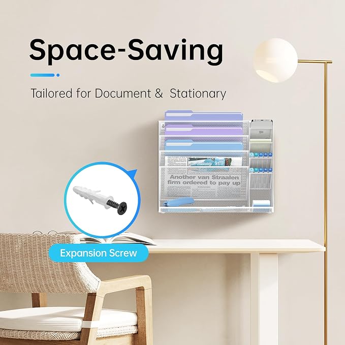 Wall File Organizer, 5-Tier Desk Organizer with 4 Pen Slots, Hanging Wall File Folder Holder with R-shaped Bottom Tray, Mesh Versatile Mail Holder Desk Organization for Office, White