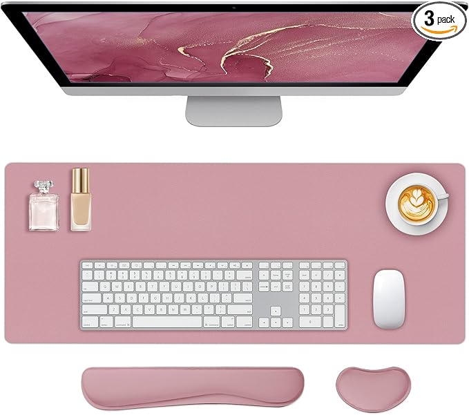 Mouse Pad and Keyboard Wrist Rest, 3-in-1 Keyboard and Mouse Pad Set, Ergonomic Wrist Rest for Computer Keyboards, Non-Slip Desk Mat Protector for Women (Purple Pink, 27.6" X 13.8")