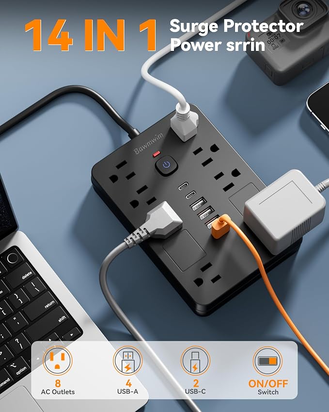 Surge Protector Power Strip - 11 Outlets(1850W/15A/14AWG) with 6 USB Ports(2 USB C), 6/14FT Flat Plug Extension Cord, Wall Mount, Black, ETL Listed for Home, Dorm Room