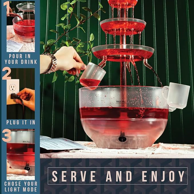 Kusini Drink Fountain for Parties - 1.5 Gal, 3 Tier Punch Bowl Drink Tower, LED Base, 6 Reusable Cups - Drink Dispenser Machine for, Juice, Punch, Pani Puri Fountain for Party Hosting Supplies