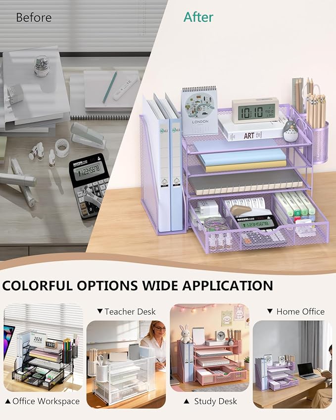 WALI Desk File Organizer, 4 Tier Desktop Paper Letter Tray Organizer with Drawer and 2 Pen Holders, Office Desk Accessories & Workspace Organizers for Office, Home Supplies(DO005DH-V), 1 Pack, Purple