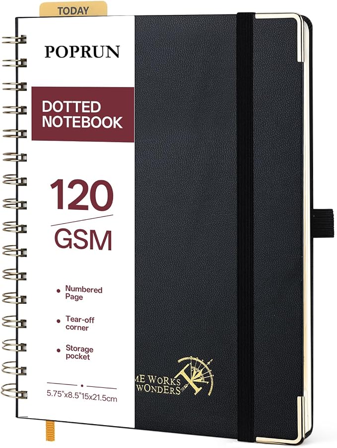 POPRUN Dotted Journal Spiral Notebook, A5 Bullet Dot Grid Journals for Women Men, 120 GSM Thick Paper, 141 Pages Hardcover Notebooks for Journaling, Drawing, Writing, 5.75'' x 8.25'', Black