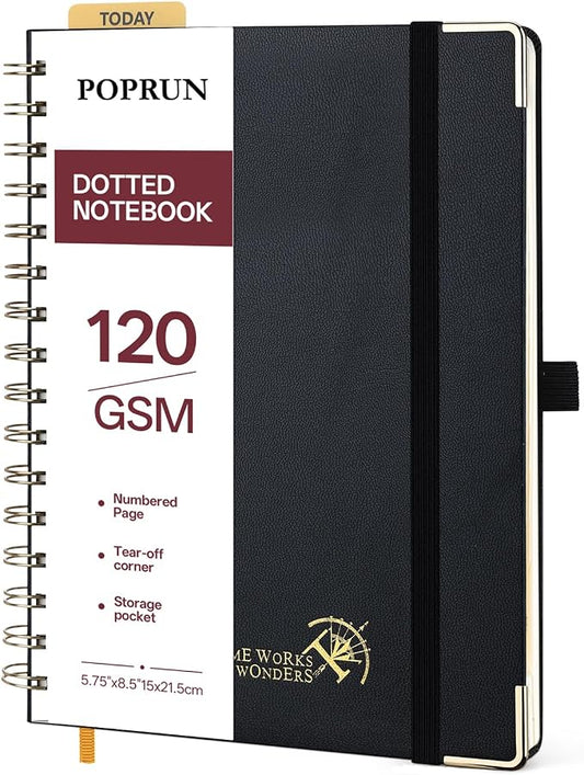 POPRUN Dotted Journal Spiral Notebook, A5 Bullet Dot Grid Journals for Women Men, 120 GSM Thick Paper, 141 Pages Hardcover Notebooks for Journaling, Drawing, Writing, 5.75'' x 8.25'', Black