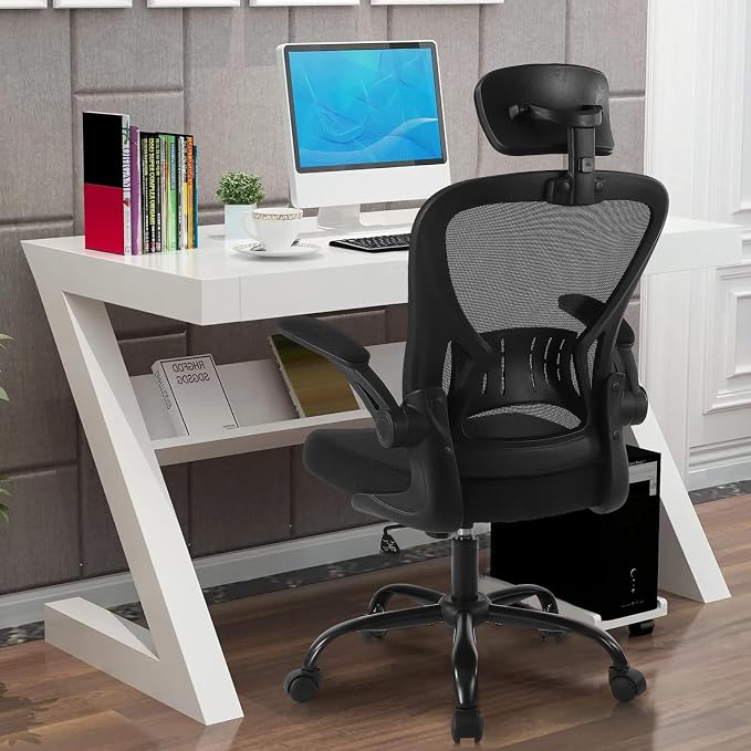Youhauchair Adjustable Mesh Ergonomic Office Chair with Wheels, Black | Flip-up Arm, Lumbar Support, Height Adjustable, Breathable, Rocking, Mid Back Swivel Compurter Chair with Headrest, Set of 1