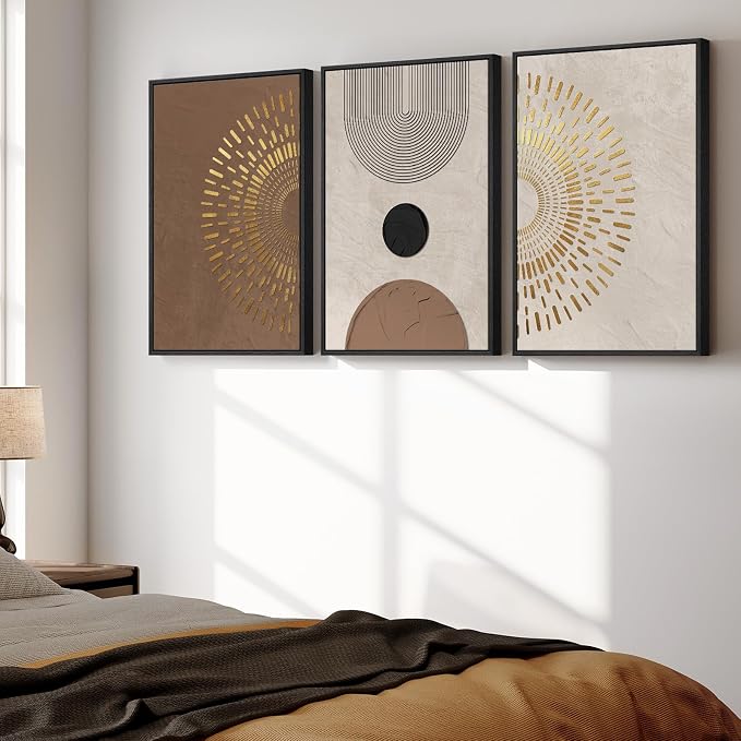 Large Framed Boho Neutral Abstract Wall Art, 3 Piece Modern Canvas Prints Paintings Artwork for Walls, Minimalist Brown Beige Gold Geometric Pictures for Living Room Hallway Bedroom Wall Decor 20x30 In