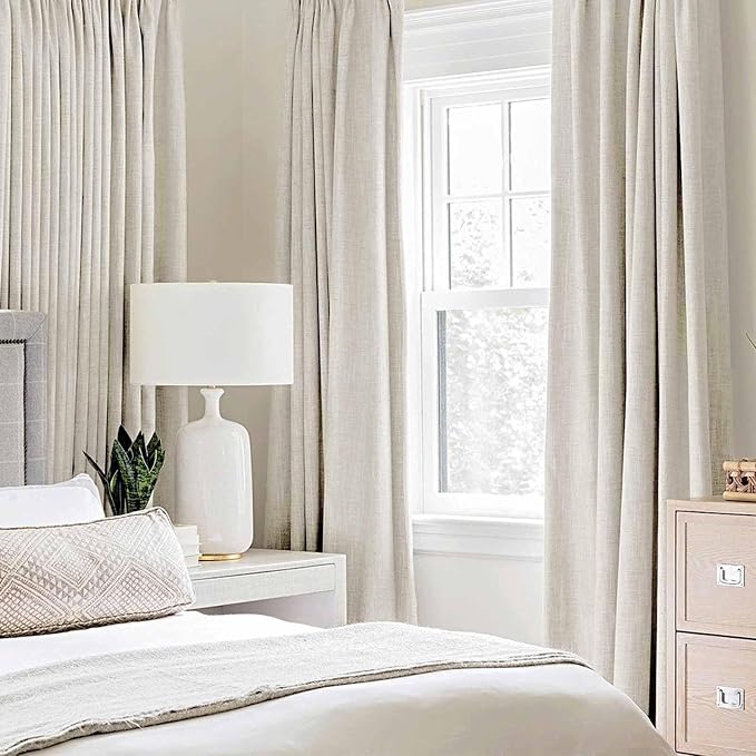 MIULEE Linen Texture Curtains for Bedroom Solid 100% Blackout Thermal Insulated Linen Beige Curtains Grommet Room Darkening Drapes for Living Room 52x84 Inch (2 Panels)