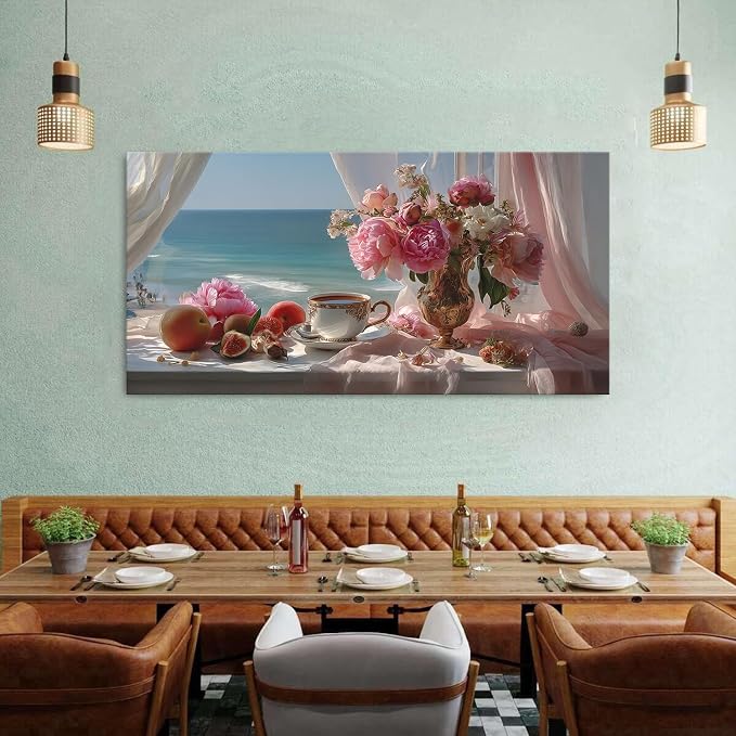AIYISU Vintage Pink Flower Wall Art Retro Flowers in Golden Vase Pictures Blue Ocean Coastal Landscape Canvas Prints Blossom Painting Poster Floral Artwork Living Room Bathroom Home Decoration 30x60