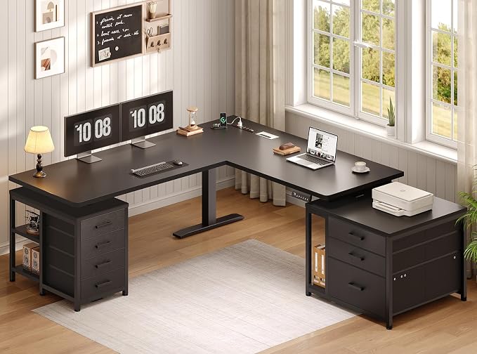 SEDETA 63" L Shaped Electric Standing Desk, Height Adjustable Corner Desk with 7 Fabric Storage Drawers & Power Outlet, 3 Memory Heights, 200lbs Capacity for Home Office Gaming, Black