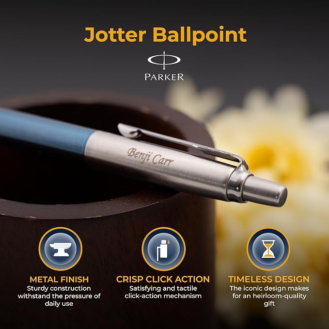 Parker Jotter Ballpoint Pen, Waterloo Blue, Personalized Laser Engraving, Blue Ink, Official Parker Gift Box, Graduation and Retirement Gift for Men and Women
