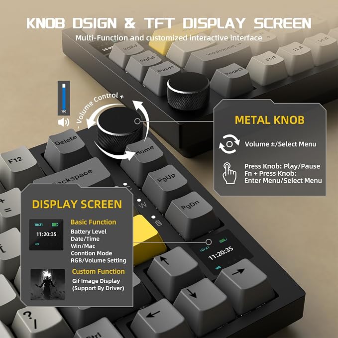 Attack Shark ajazz AK820 Pro Wireless Mechanical Gaming Keyboard TFT Display & Knob Hot Swappable Bluetooth 5.1/2.4G hz/Type-C Gasket-Mounted RGB Backlit Custom Keyboard for PC/Win(Black/Gift Switch)