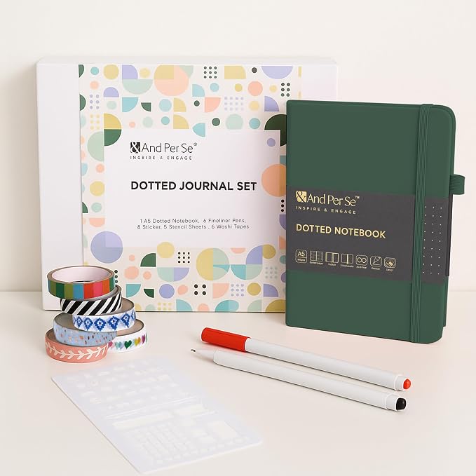 &And Per Se Dotted Journal Kit, A5 Hardcover Dot Grid Journal Notebook Set for Beginners with Journaling Supplies Stencils, Stickers, Washi Tapes & Colored Pens Accessories (Green)