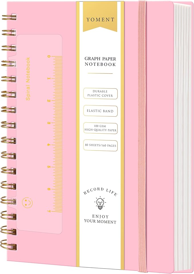 Yoment Graph Paper Notebook A5 Graphing Spiral Notebook 160 Pages Grid Paper Notebook Spiral Bound Pink Hardcover Spiral Journal 5x7 Grid Notebooks for Note Taking, Pink