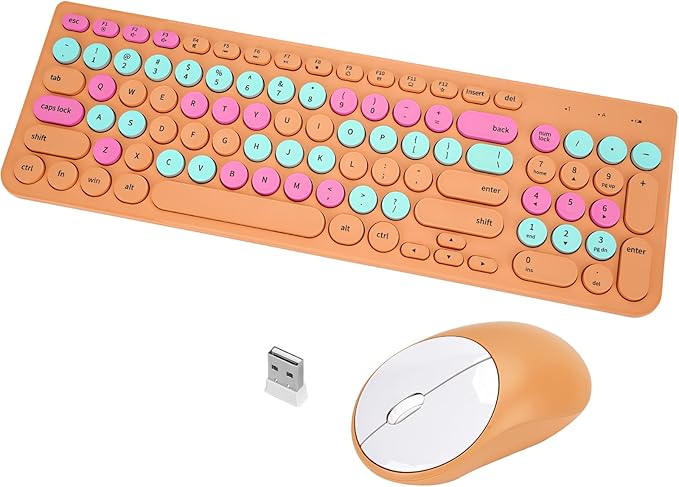 Wireless Keyboard and Mouse Combo, Retro Typewriter Keyboard with Round Keycaps, 2.4GHz USB Cute Wireless Keyboard Mouse for Computer, Desktop, Laptop and Computer (Orange Colorful)
